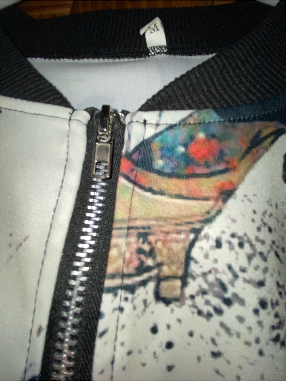 Light Weight Bomber Jacket White & Black with Black Cats playing Violen MEDIUM - Picture 3 of 3